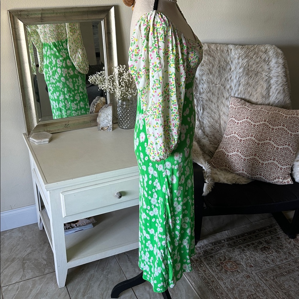 Rixo X target Vtg 70’s green floral spring puff balloon sleeve midi dress S/M 4 - Picture 8 of 11